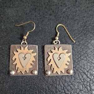 Vintage Signed Gyspy Cowgirl Gold-and SilverTone Heart Sun Dangle Earrings
